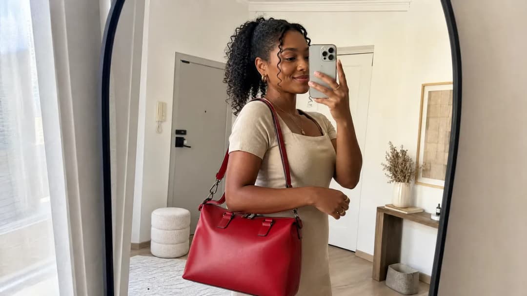 Scène générée par UGCStudio : une femme prend un selfie dans un miroir, un sac à main rouge à l'épaule.