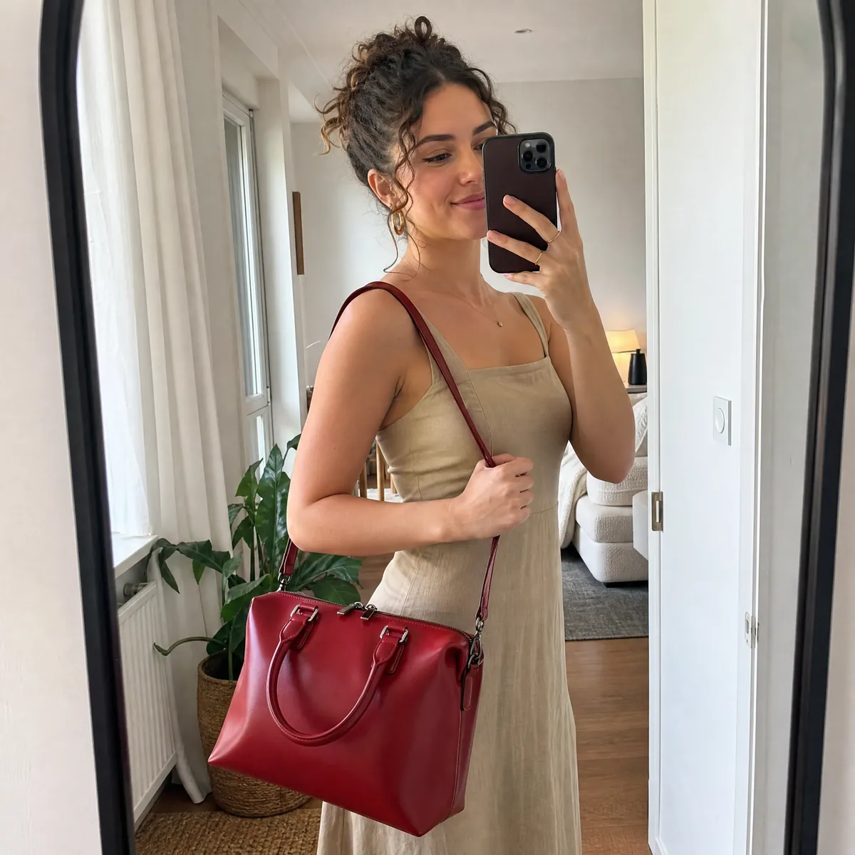 Scène générée par UGCStudio : une femme en robe beige se photographie dans un miroir, un sac rouge en bandoulière.