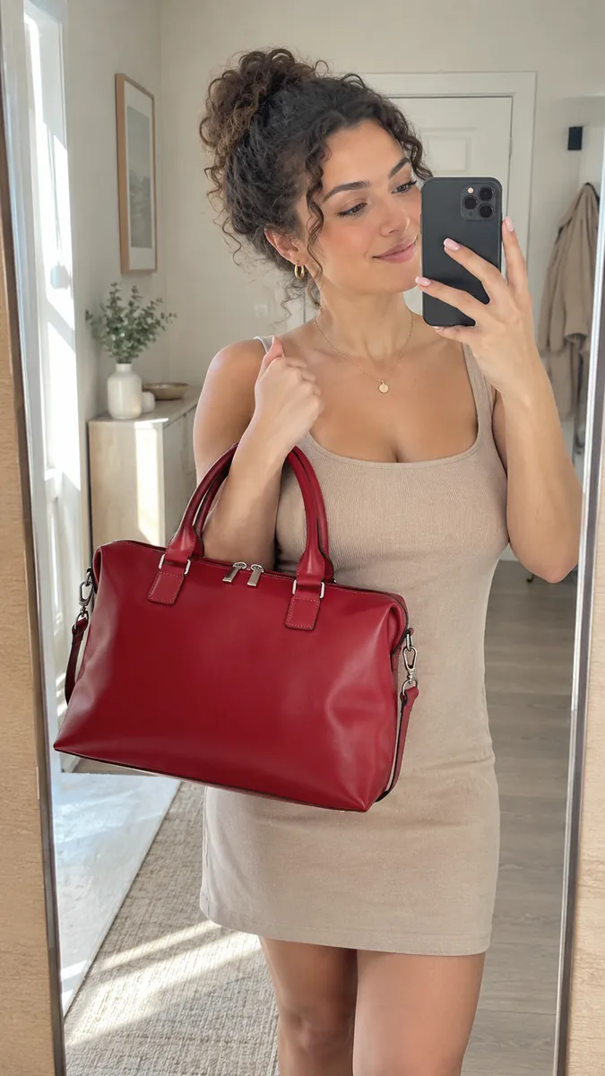 Scène générée par UGCStudio : une femme en robe beige tient un sac rouge devant un miroir.